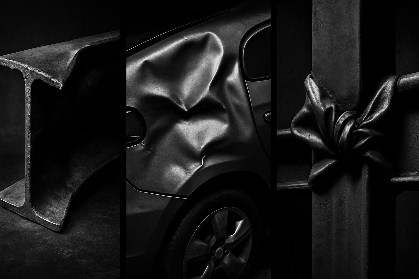 Close-up photograph of crumpled industrial steel, macro detail of bent and folded metal showing stress lines and deformation, dramatic side lighting creating deep shadows, high contrast black and white, textural detail of failure points, abstract composition, professional industrial photography Close-up photograph of crumpled industrial steel, macro detail of bent and folded metal showing stress lines and deformation, dramatic side lighting creating deep shadows, high contrast black and white, textural detail of failure points, abstract composition, professional industrial photography