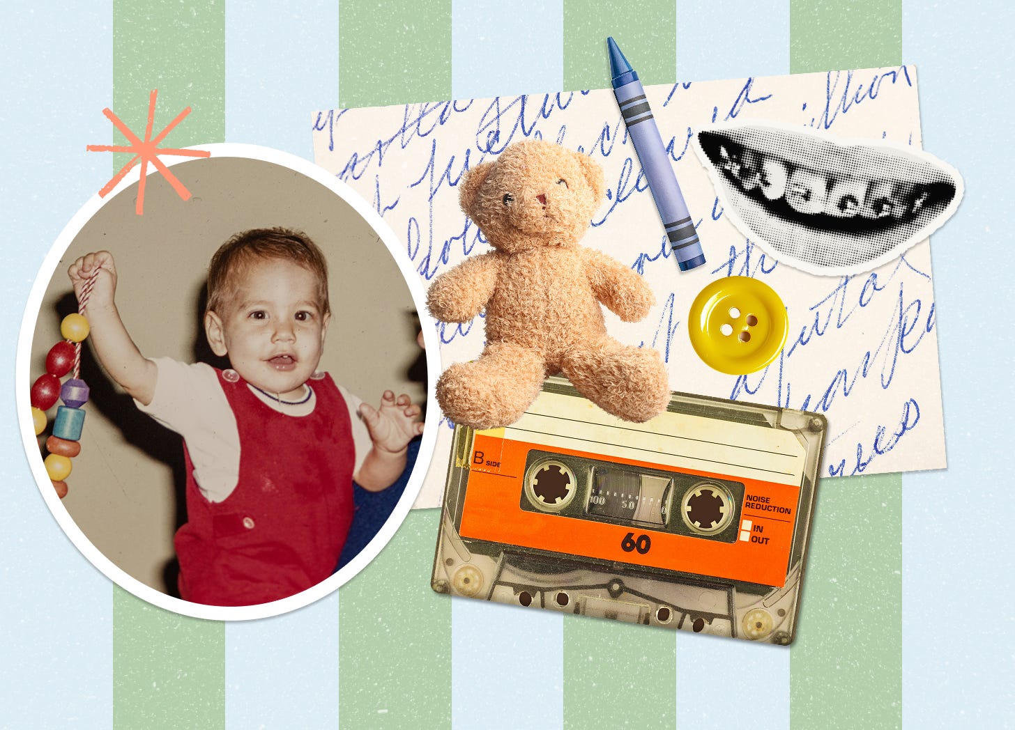 A collage against a striped background featuring cutout images of childhood items, like a teddy bear and a cassette tape, along with a photo of a young child