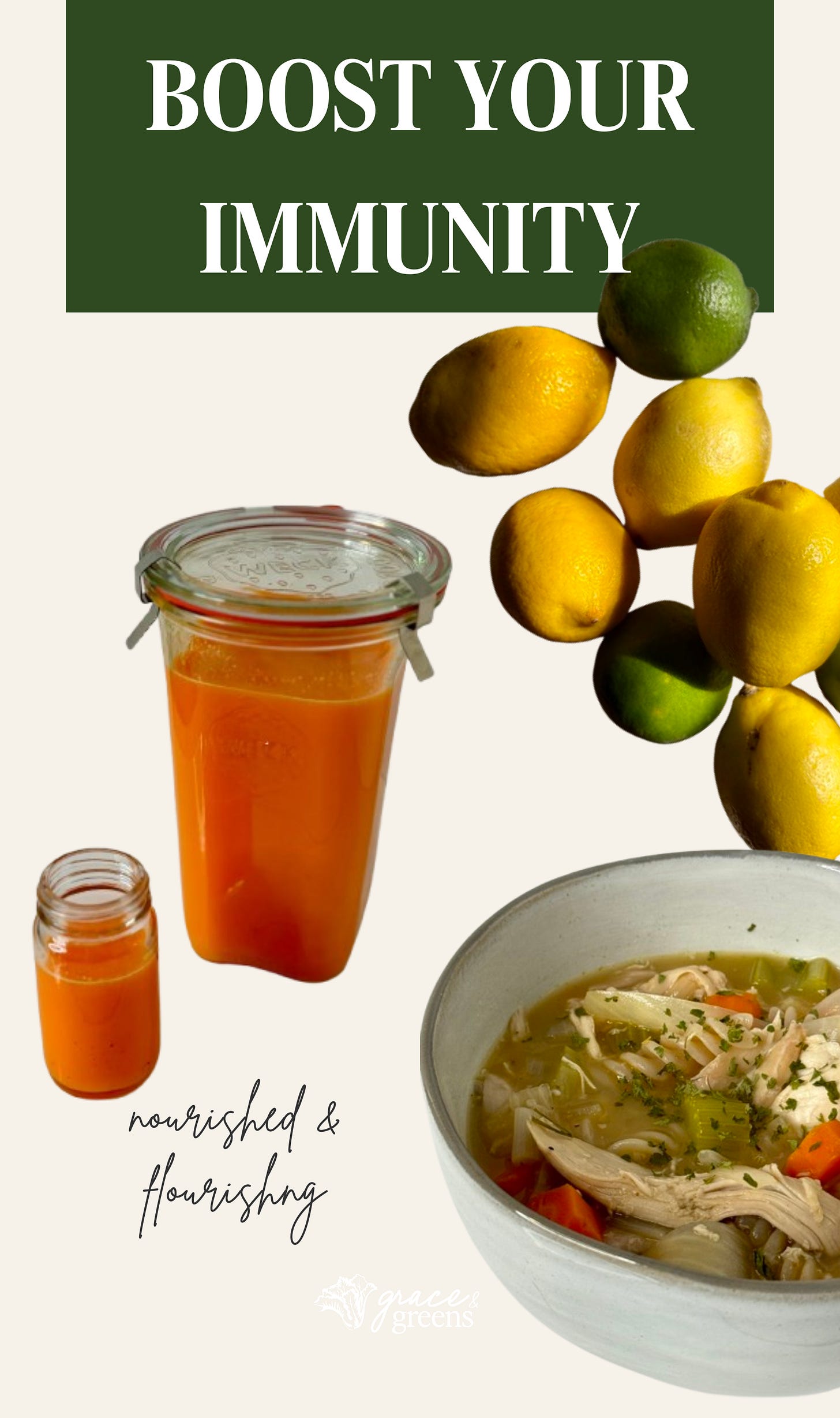 boost your immunity header image with ginger-turmeric shots, fresh lemon and limes and cozy chicken noodle soup