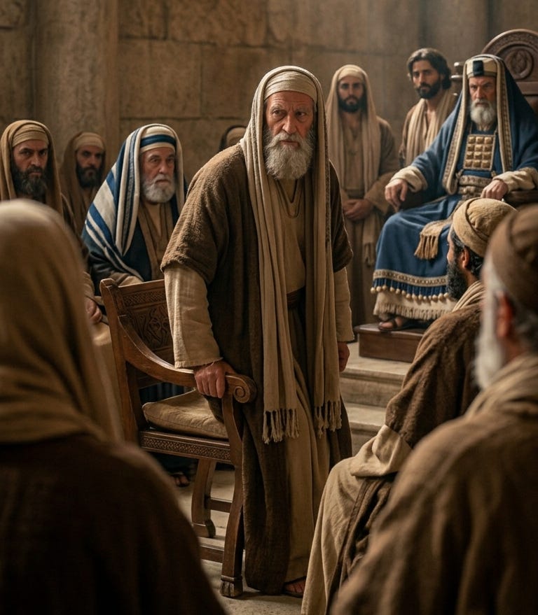 A man of ancient Jew standing up to address others