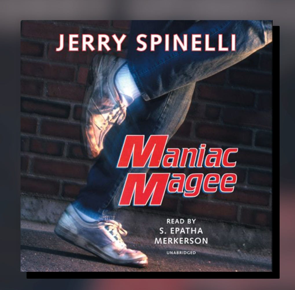 The cover of the audio book version of Maniac Magee, by Jerry Spinelli