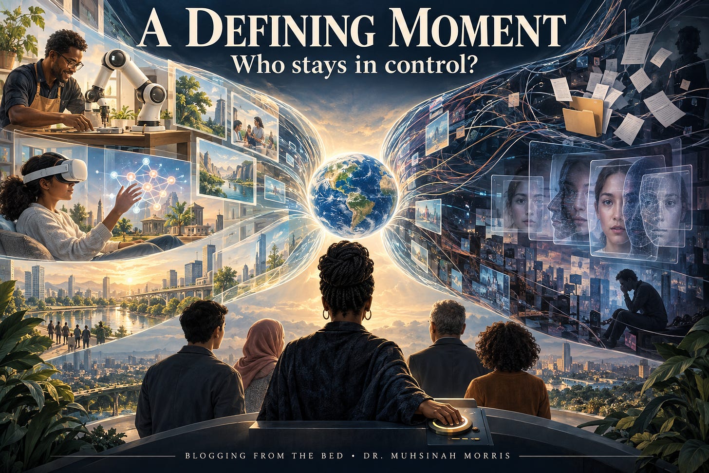 People stand at a technological threshold before a glowing Earth. Connected screens show collaborative robotics and immersive learning alongside escaping documents and overlapping synthetic faces. A woman keeps her hand on a control console. The headline reads: A Defining Moment: Who stays in control?