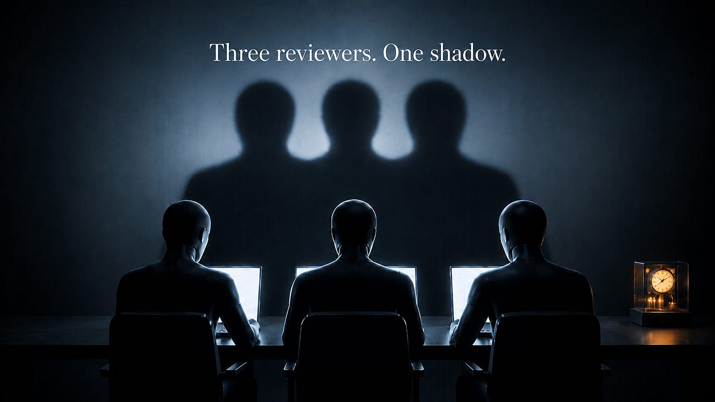 Three AI reviewers whose shadows merge into one, symbolizing shared blind spots. Three AI reviewers whose shadows merge into one, symbolizing shared blind spots.
