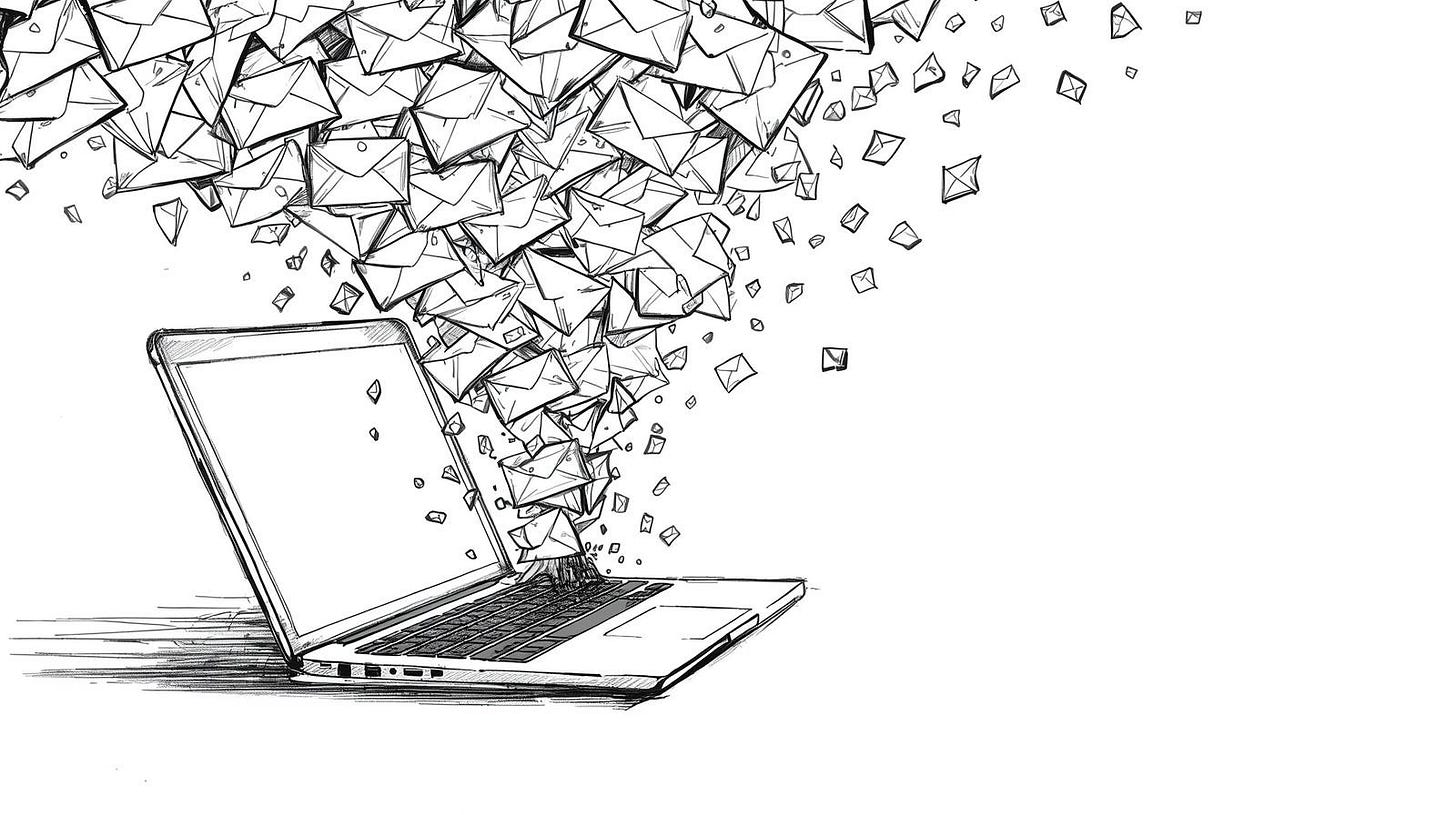 Hundreds of identical envelopes pouring from a laptop into a pit labeled zero

