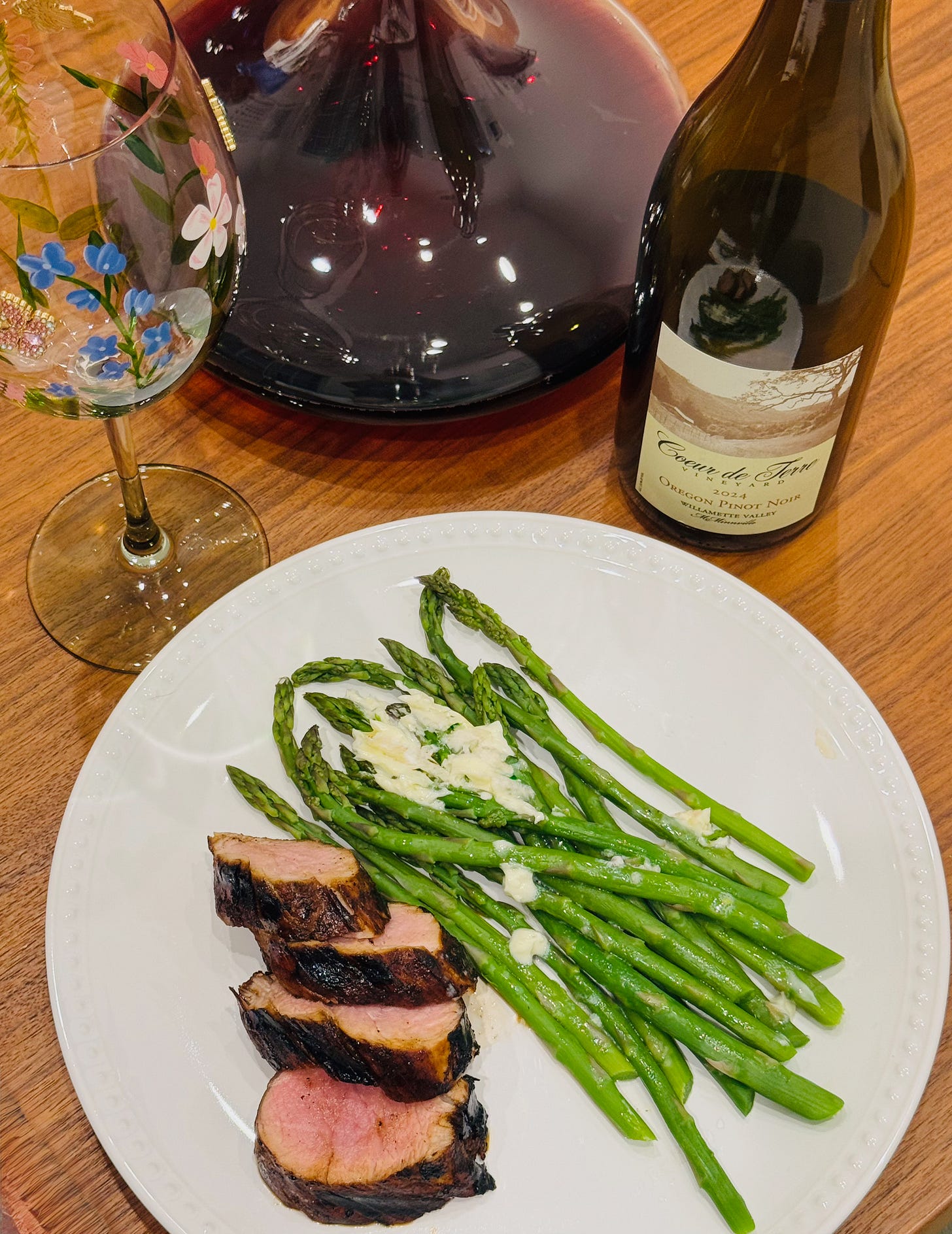  Grilled pork tenderloin with asparagus, Coeur de Terre Pinot Noir and decanter — Doug's Easter recipe on The Hearth at The Dinner Bell