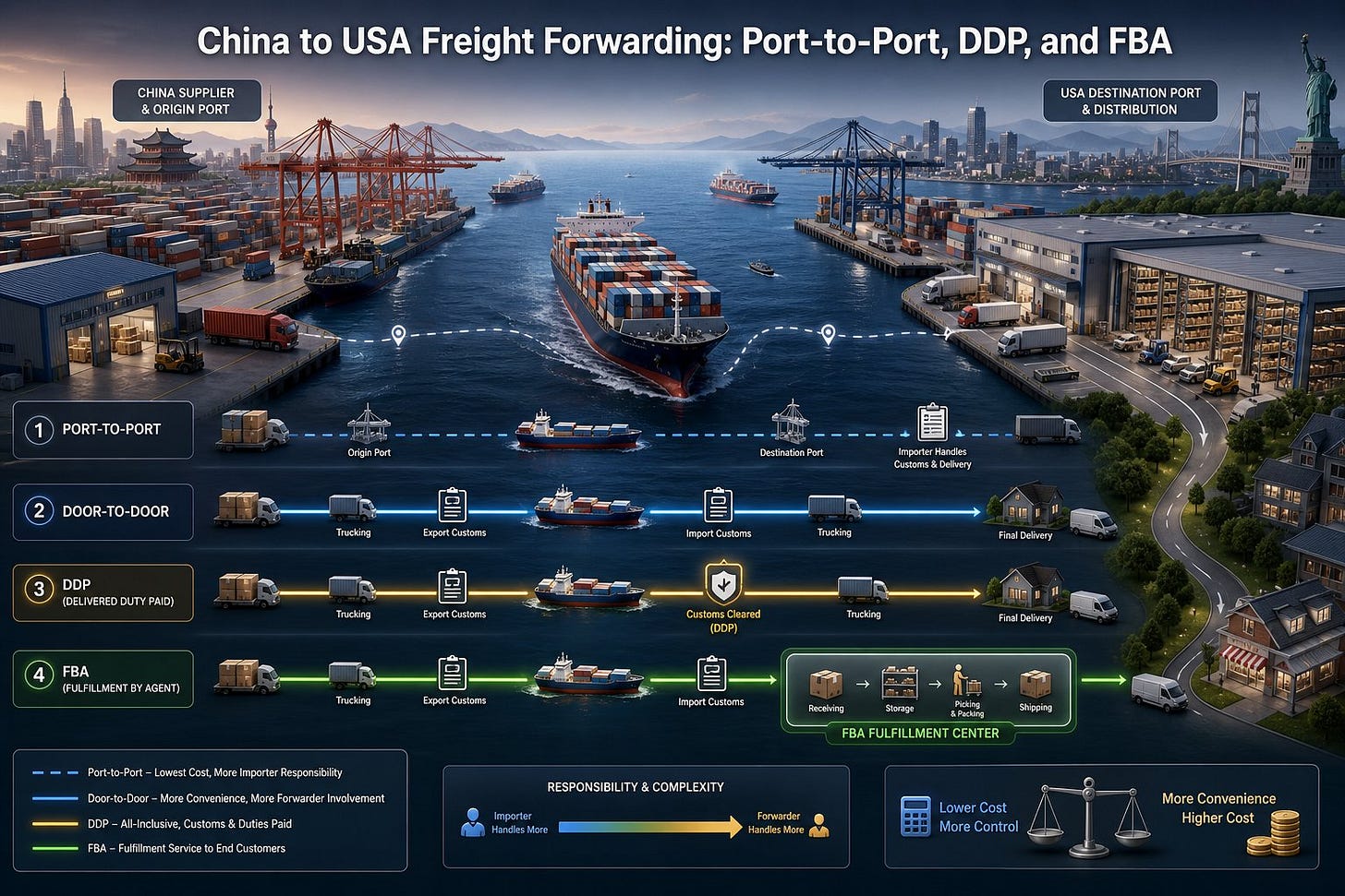 Infographic showing China-to-USA freight steps: port-to-port, door-to-door, DDP and FBA with ships, trucks, and warehouses. Infographic showing China-to-USA freight steps: port-to-port, door-to-door, DDP and FBA with ships, trucks, and warehouses.