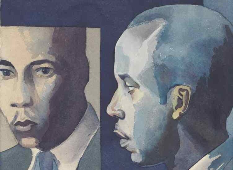 Contemporary paint of a Black man looking at himself in the mirror. Use of off white, navy and light blue are used to distinguish the reflection and subject of piece.