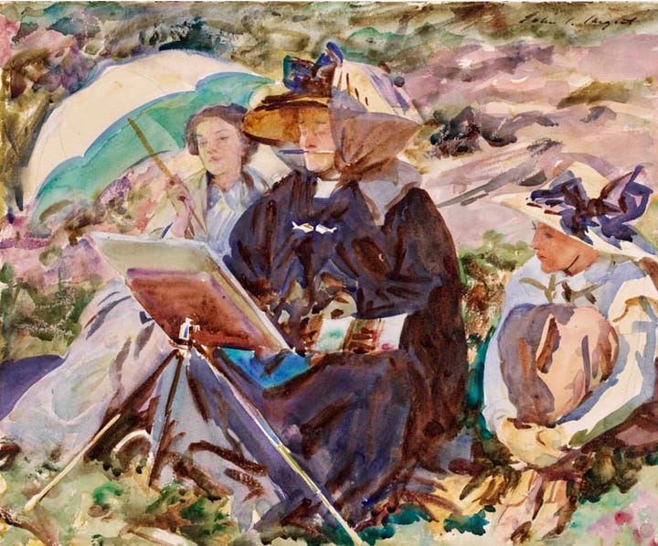 A self portrait and portrait sketch by John Singer Sargent, a plein-air watercolor by Sargent, and a photograph of Emily Sargent sketching at the National Gallery in London.