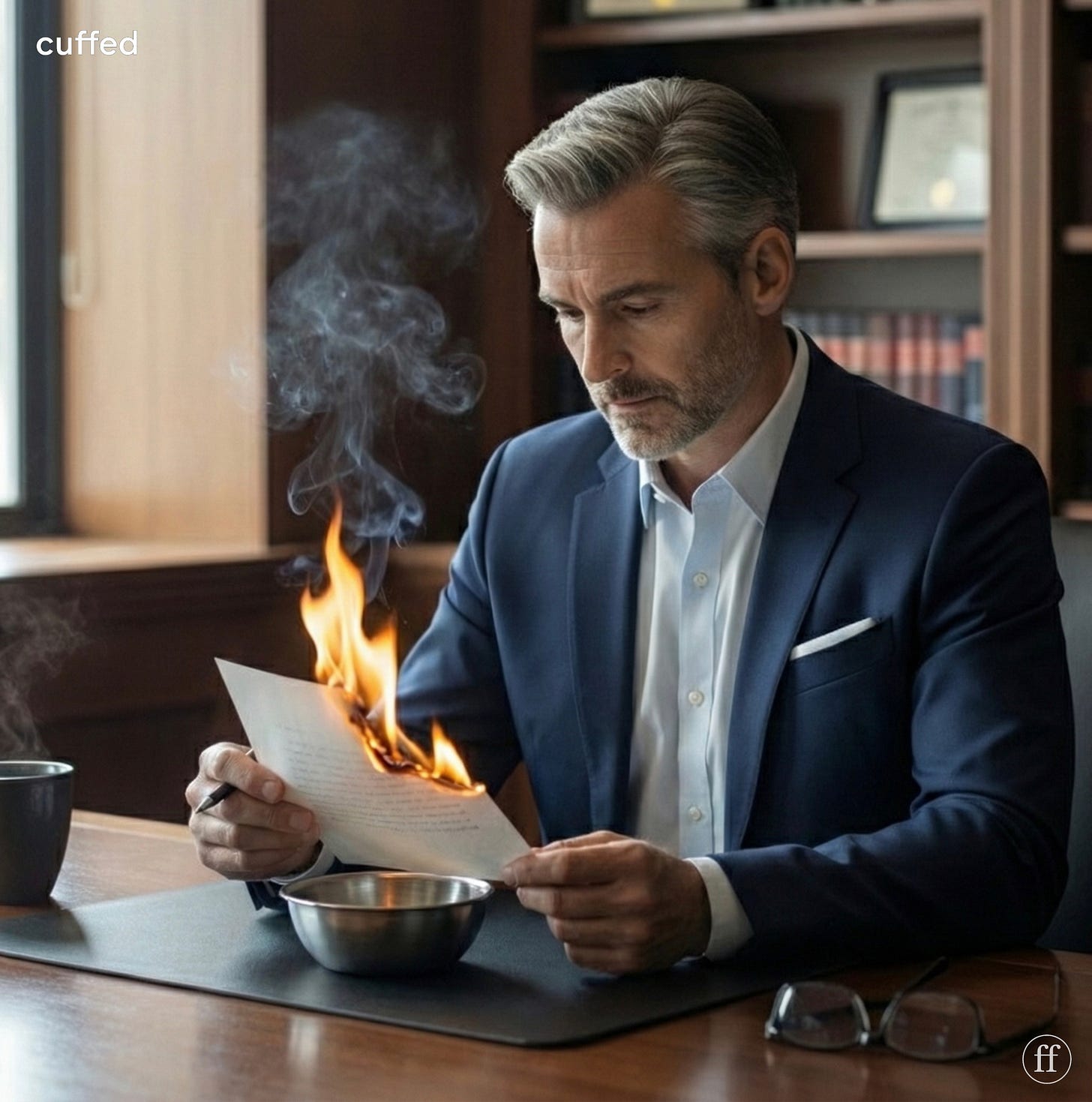 Cinematic shot of The Author in a navy suit, calmly burning a handwritten letter over a metal bowl at his desk. Wisps of smoke rise in a quiet office, symbolizing the private ending and psychological closure described in Musing 73.