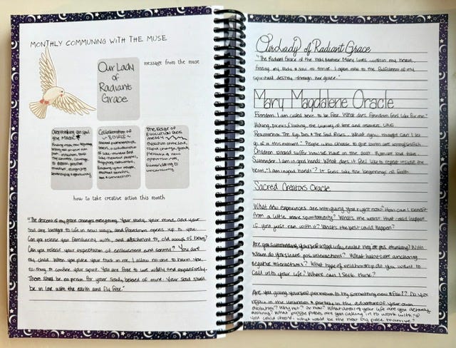 additional journaling pages. first page is a junk journaling collage from our trip to Olympia, Washington. The next page is the weekly spread where I list the books I am listening to and reading with my eyes, gratitude, creative endeavors, and things I am curious about. It also has junk journaling collages from that specific week. This week has a receipt from the river parking meter, a strathmore logo from a notebook my mom sent me, packaging stickers with a cat from mochibujo, and a sticker from Cup of Tea. The third page is a wall of text from my Mother Mary Oracle and Mary Magdalene Oracle and the Sacred Creators Oracle. The final page is a daily tracker where I write my tarot messages from the ancestors. This month had stickers of hibiscus and a mama and baby monkey together.
