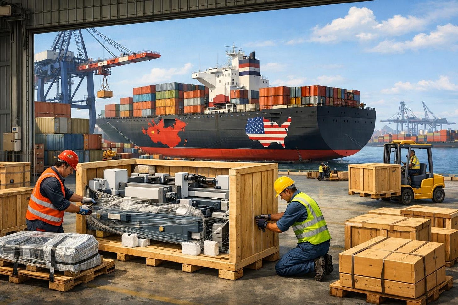 A woodworking machine being prepared for shipment in a Chinese warehouse with workers and shipping containers, and a cargo ship docked at a port ready to transport goods to the USA. A woodworking machine being prepared for shipment in a Chinese warehouse with workers and shipping containers, and a cargo ship docked at a port ready to transport goods to the USA.