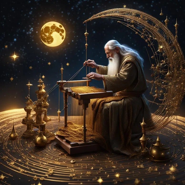 A fantasy painting of an old wizard with a long beard sitting at a golden loom. He weaves strands of light that represent thoughts. The night sky with stars and the moon is in the background.