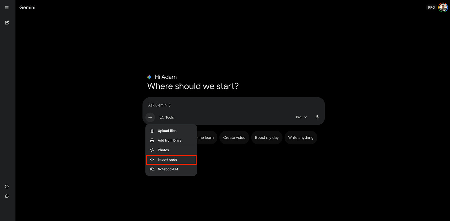 Screenshot of the Gemini interface showing the tools menu with the Import code option highlighted.