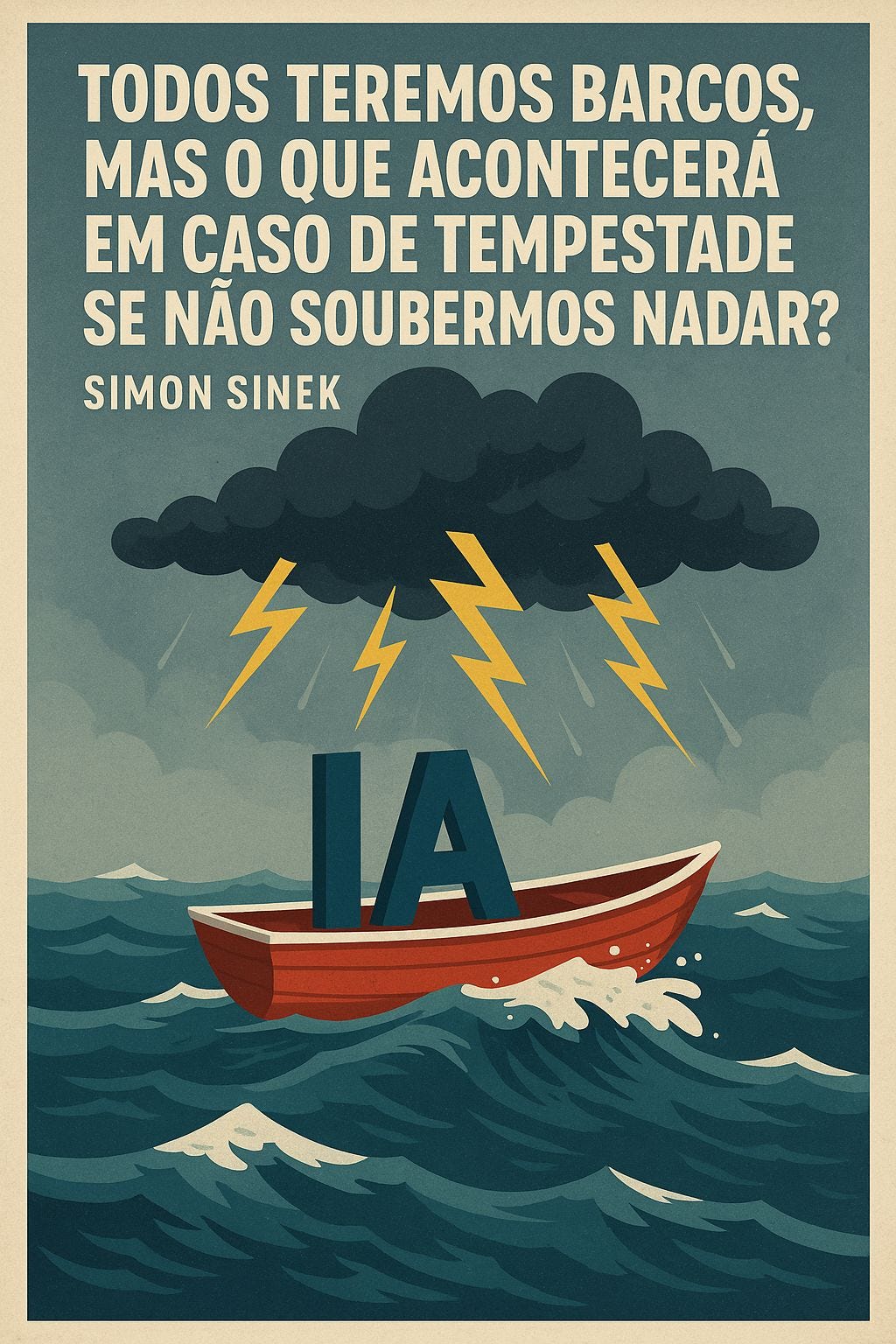 Ilustração de um barco vermelho com as letras “IA” enfrentando uma tempestade no mar, com relâmpagos e nuvens escuras. Citação de Simon Sinek sobre o risco de não saber “nadar” em meio à evolução da inteligência artificial.