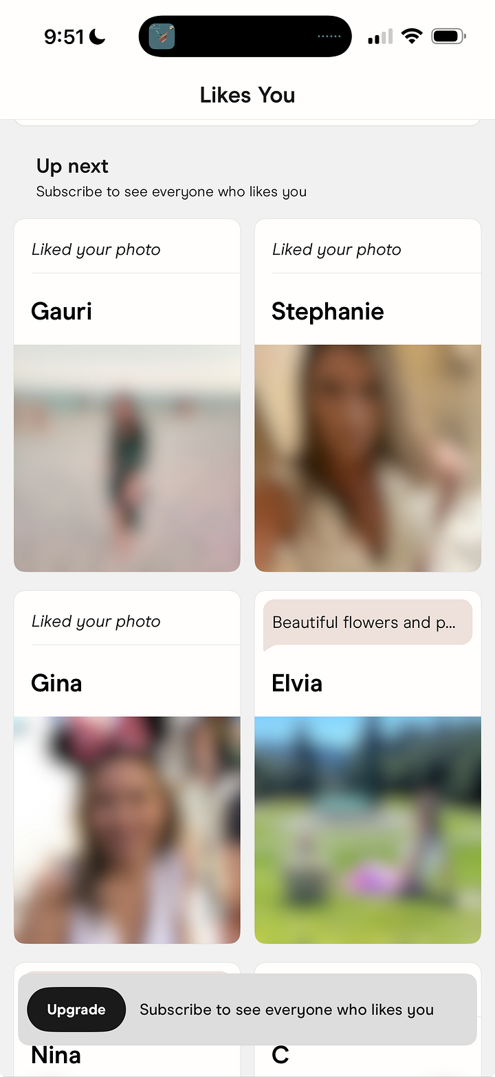 A collage of screenshots from Tinder, Bumble, Hinge, and BLK dating apps showing the "likes sent to you" section. The interface displays a grid of profile cards with blurred user photos, names like Gauri and Stephanie, and status labels such as "Recently Active" or "Liked your photo."