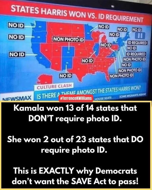 May be an image of map and text that says 'NOID STATES HARRIS WON VS. ID REQUIREMENT NO ID NOID ID NON PHOTO ID NOID NO ID NOID NOID NOID ID NOID II ID REQUIRED NOID ID REQUIRED NON PHOTO ID NO ID NON PHOTO D NON PHOTO ID NOID CULTURE CLASH IS THERE STATES WON? SOME MIGRANTS ABANC NEWSMAX #TerrenceKWilliams HOUSE SEATS Kamala won 13 of 14 states that DON'T require photo ID. She won 2 out of 23 states that DO require photo ID. This is EXACTLY why Democrats don't want the SAVE Act to pass!' May be an image of map and text that says 'NOID STATES HARRIS WON VS. ID REQUIREMENT NO ID NOID ID NON PHOTO ID NOID NO ID NOID NOID NOID ID NOID II ID REQUIRED NOID ID REQUIRED NON PHOTO ID NO ID NON PHOTO D NON PHOTO ID NOID CULTURE CLASH IS THERE STATES WON? SOME MIGRANTS ABANC NEWSMAX #TerrenceKWilliams HOUSE SEATS Kamala won 13 of 14 states that DON'T require photo ID. She won 2 out of 23 states that DO require photo ID. This is EXACTLY why Democrats don't want the SAVE Act to pass!'