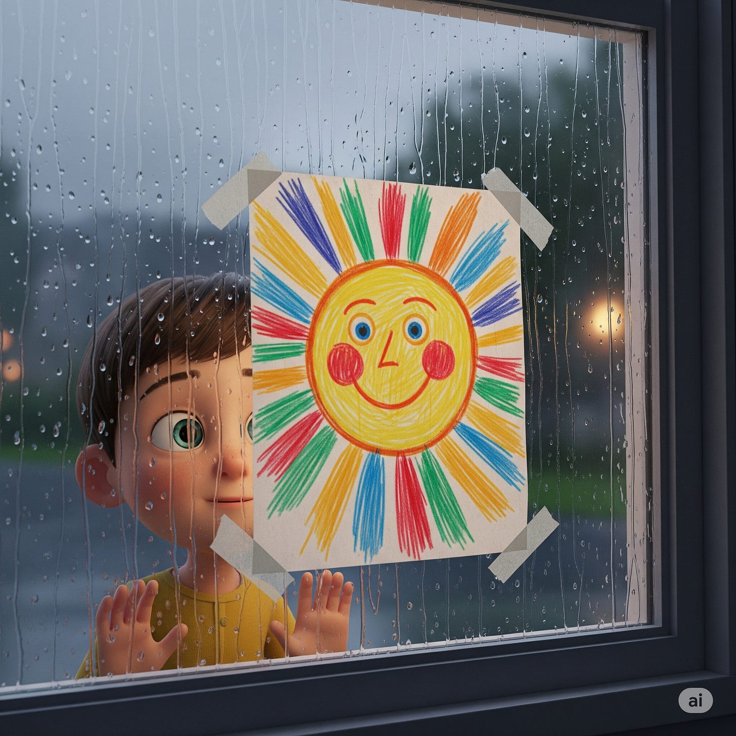 A 3D animated image of a young child looking through a rain-streaked window. A child's drawing of a colorful, smiling sun is taped to the glass, creating a bright spot on a gloomy day.