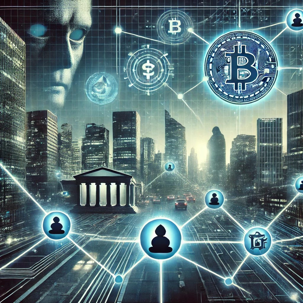 A futuristic digital world representing the control and surveillance of global finance. The image should show a dark, high-tech cityscape with holographic symbols of central banks, cryptocurrencies, and financial transactions. A network of digital lines should connect various nodes, symbolizing the control and influence over financial markets, while ominous figures are watching from above, signifying the hidden power behind financial systems.