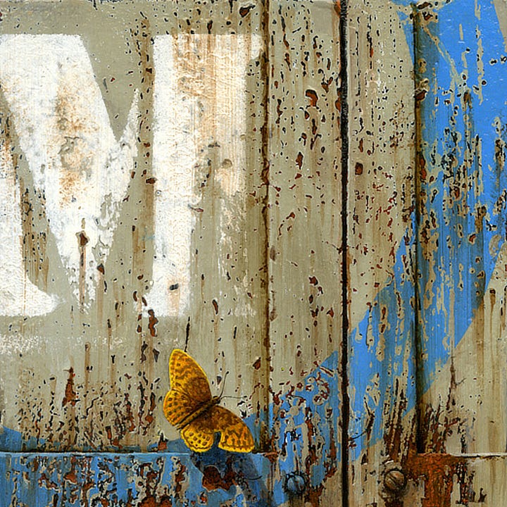 LEFT: Detail from MOMENTUM featuring an orange butterfly perched on the inside of a weathered blue arc of paint on a metal panel. Its wings are spotted brown. The white stenciled letter M sits inside the arc on a pitted gray background. RIGHT: Background detail from MOMENTUM featuring a large patch of flaking rust eating into the painted metal panel.