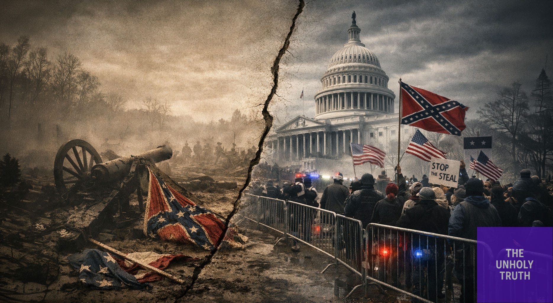 A layered 16:9 collage showing a Civil War battlefield blending into a plantation field on the left, transitioning through a courthouse and prison yard to a modern U.S. Capitol and electoral map on the right, with a torn Constitution page faintly visible behind the images, suggesting the Civil War evolved rather than ended. A layered 16:9 collage showing a Civil War battlefield blending into a plantation field on the left, transitioning through a courthouse and prison yard to a modern U.S. Capitol and electoral map on the right, with a torn Constitution page faintly visible behind the images, suggesting the Civil War evolved rather than ended.