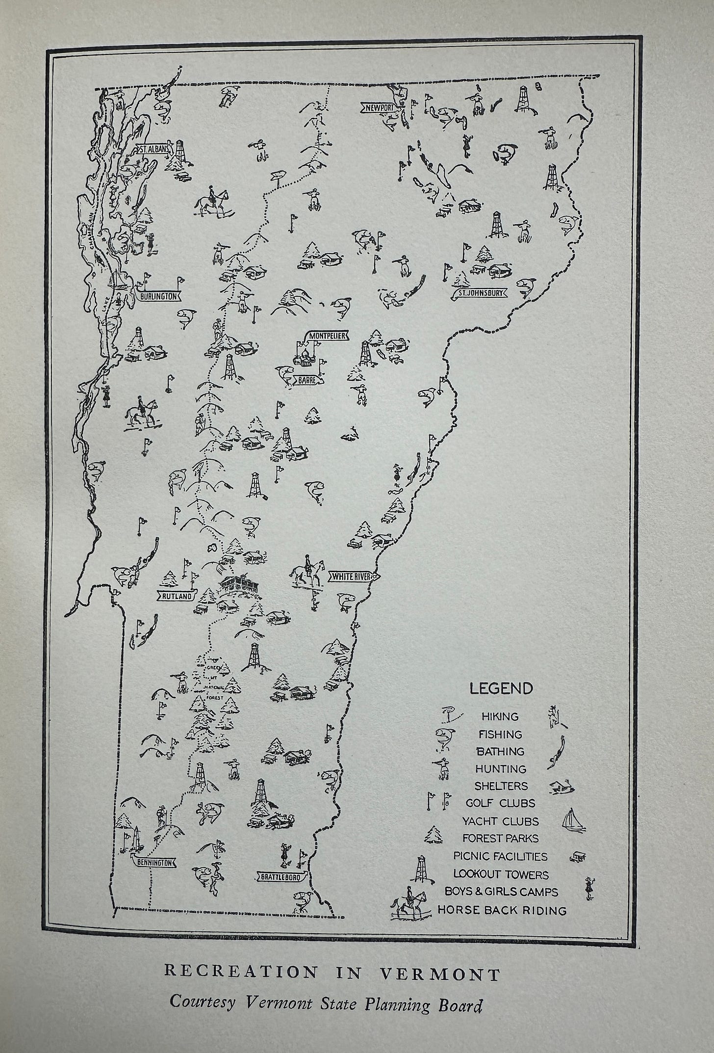 Vintage map of recreation activities in Vermont Vintage map of recreation activities in Vermont