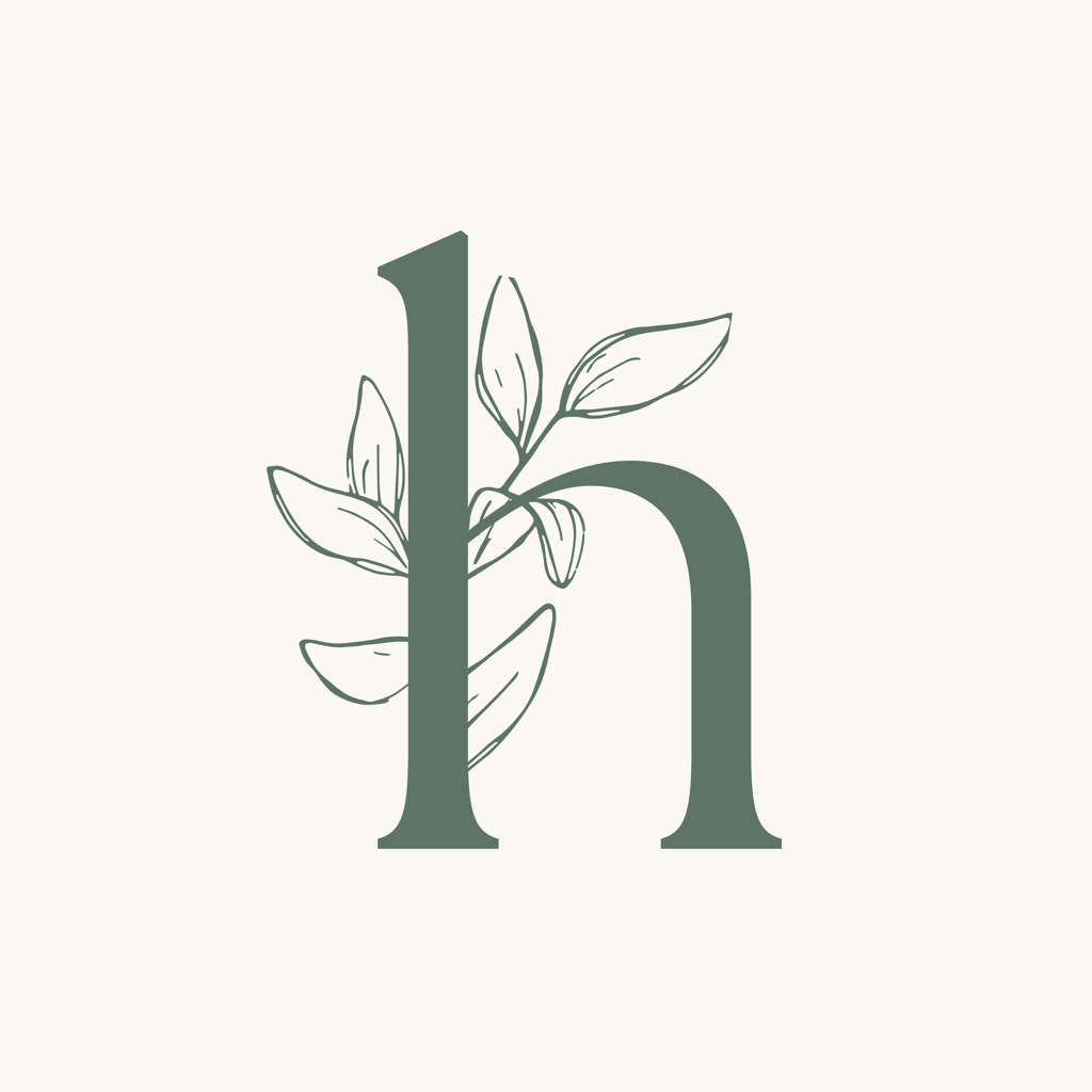holystic brand mark: a serif lowercase letter h drawn in sage green with botanical leaf line-art behind it holystic brand mark: a serif lowercase letter h drawn in sage green with botanical leaf line-art behind it