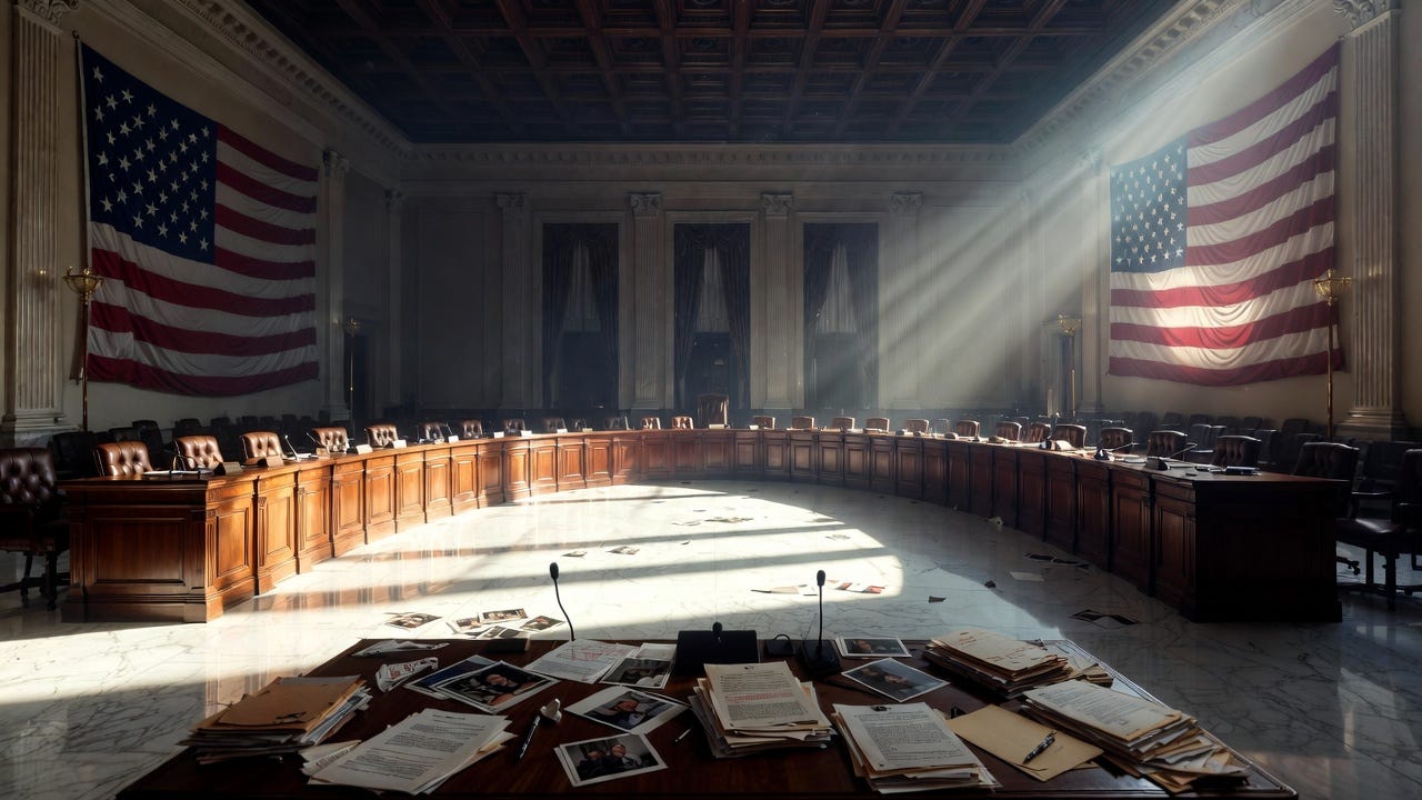 An empty congressional hearing room with sunlight streaming through tall windows, American flags flanking the curved mahogany dais, and classified documents and photographs scattered across the foreground table, suggesting an investigation left unfinished An empty congressional hearing room with sunlight streaming through tall windows, American flags flanking the curved mahogany dais, and classified documents and photographs scattered across the foreground table, suggesting an investigation left unfinished