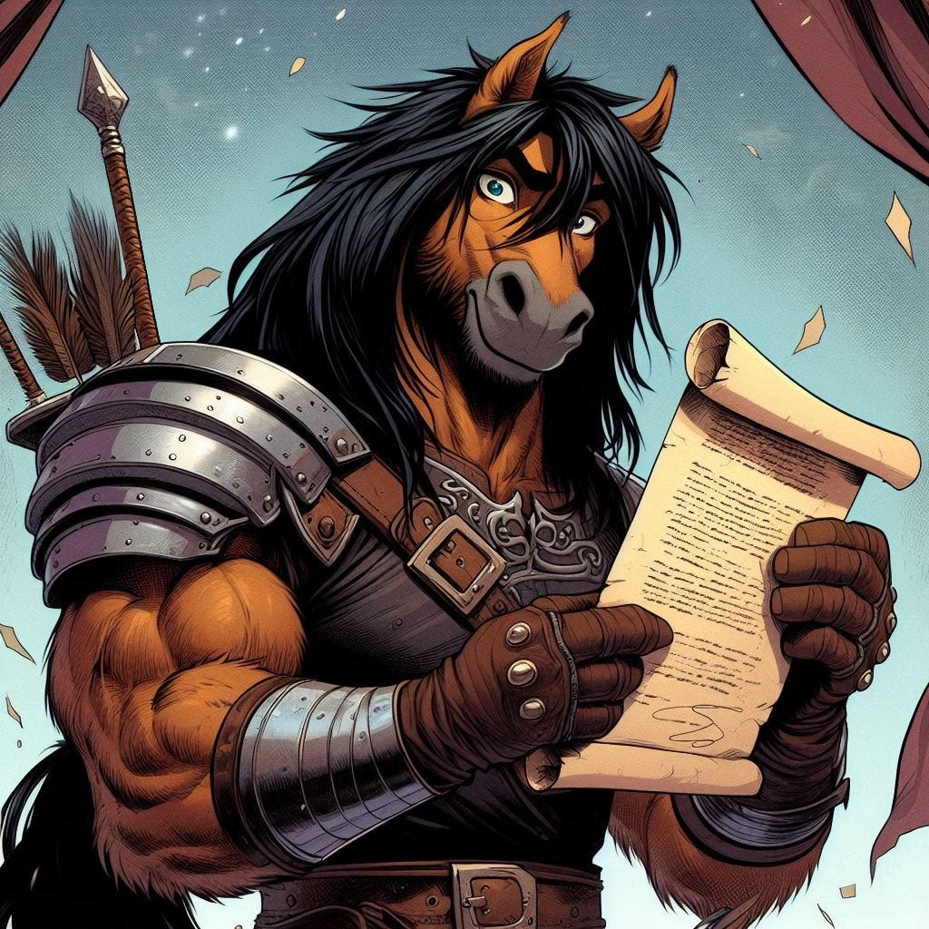 an anthromorphic male horse, with dark hair with brown fur, barbarian leather armor, receiving a letter scroll, with a smile, comic
