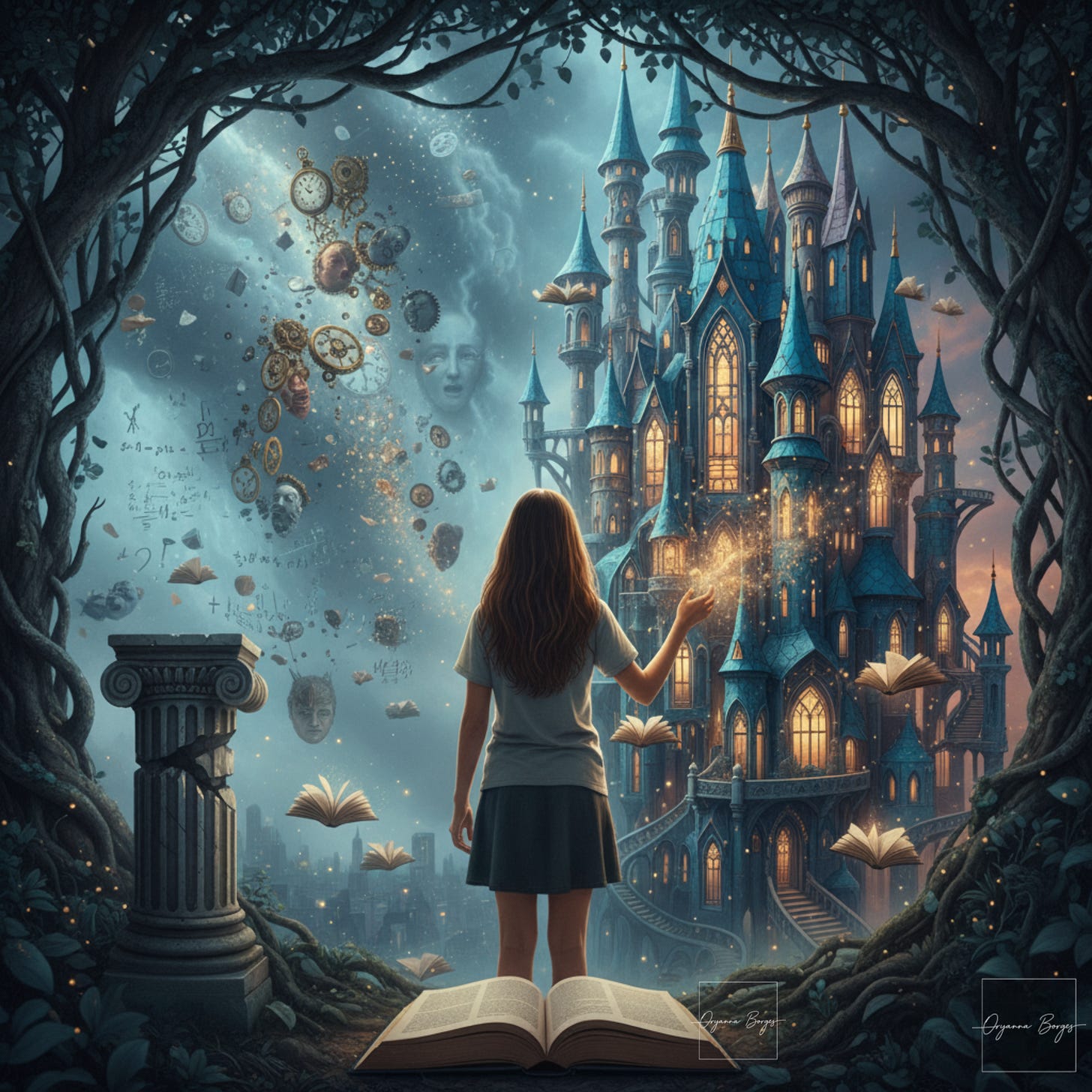 Ilustração digital surrealista retratando uma menina de costas observando dois mundos: à esquerda, uma névoa cinzenta com relógios e engrenagens representando o caos e a essência perdida; à direita, um palácio iluminado e colorido feito de livros, simbolizando a construção de mundos internos e a criatividade no autismo