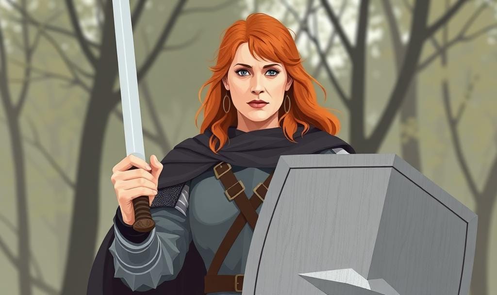 A vector illustration in cool colours of an older white woman with messy red hair and a stern expression in a woodland. She is wearing medieval-style battle clothes and is holding a sword and a shield