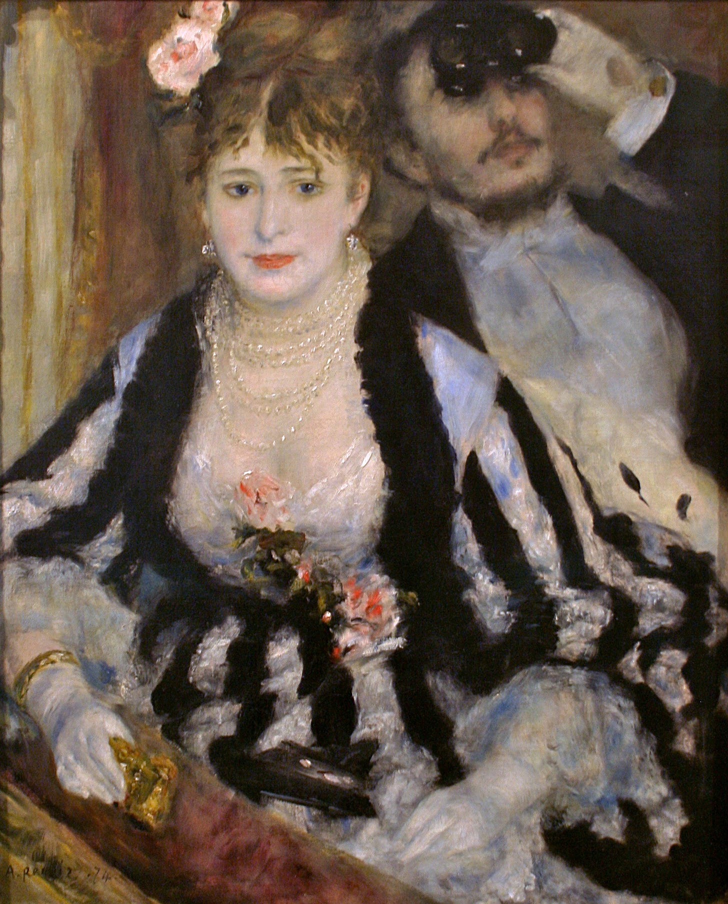 La Loge by Pierre-Auguste Renoir: a woman in a striped dress in a theater box, a man with opera glasses beside her