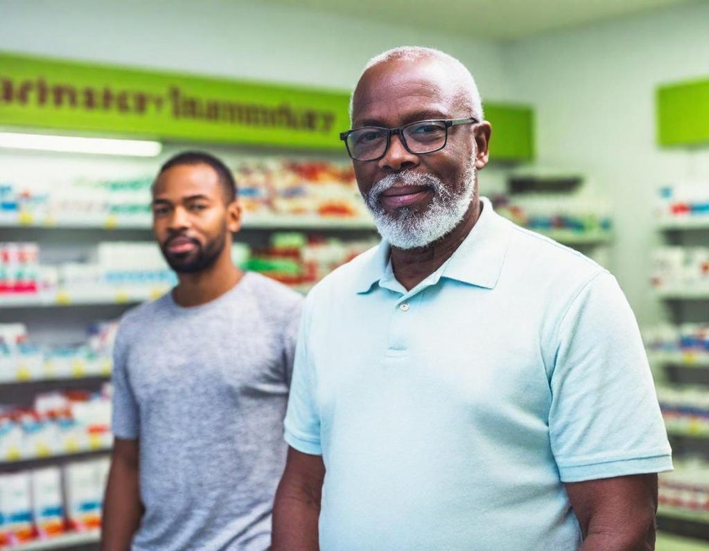Tight portrait of 87-year-old African-American man who is wearing thick-rimmed, prominent glasses and is standing s in front of a pharmacy with his 24-year-old grandson. Both wear sports clothes. 24-year-old is not bald and has a beard and a full head of hair.