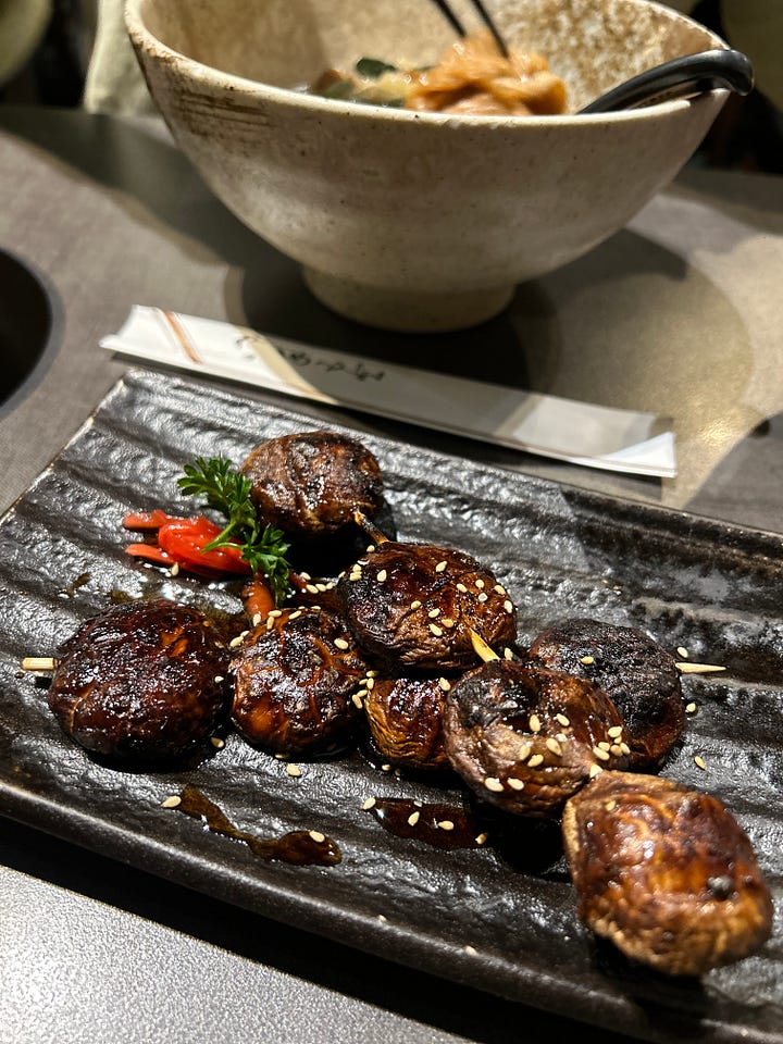 A picture of tempeh bacon and a photo of barbecued shiitake mushrooms on skewers