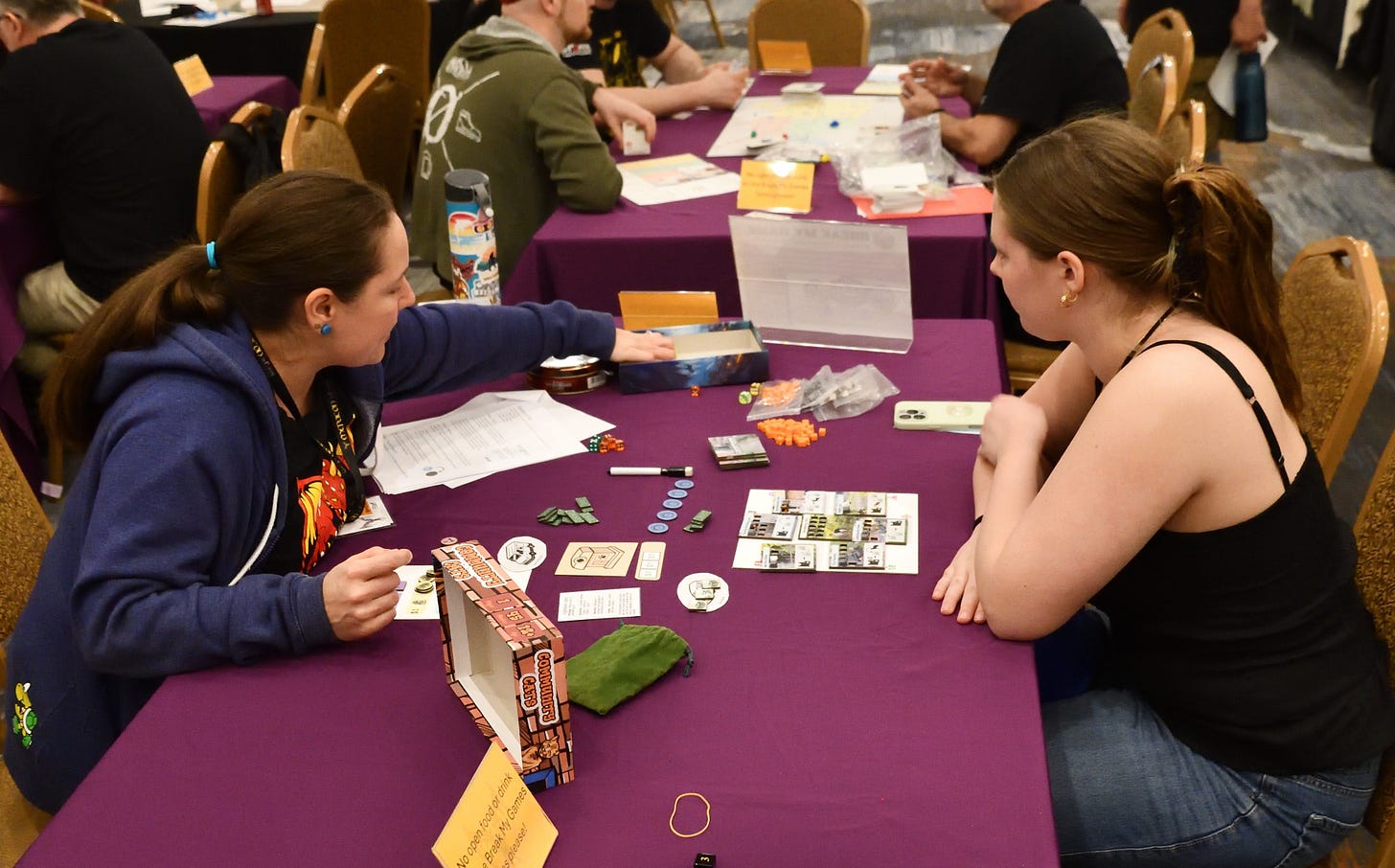 two female presenting individuals sitting at a table with the community cats game on a purple table cloth two female presenting individuals sitting at a table with the community cats game on a purple table cloth