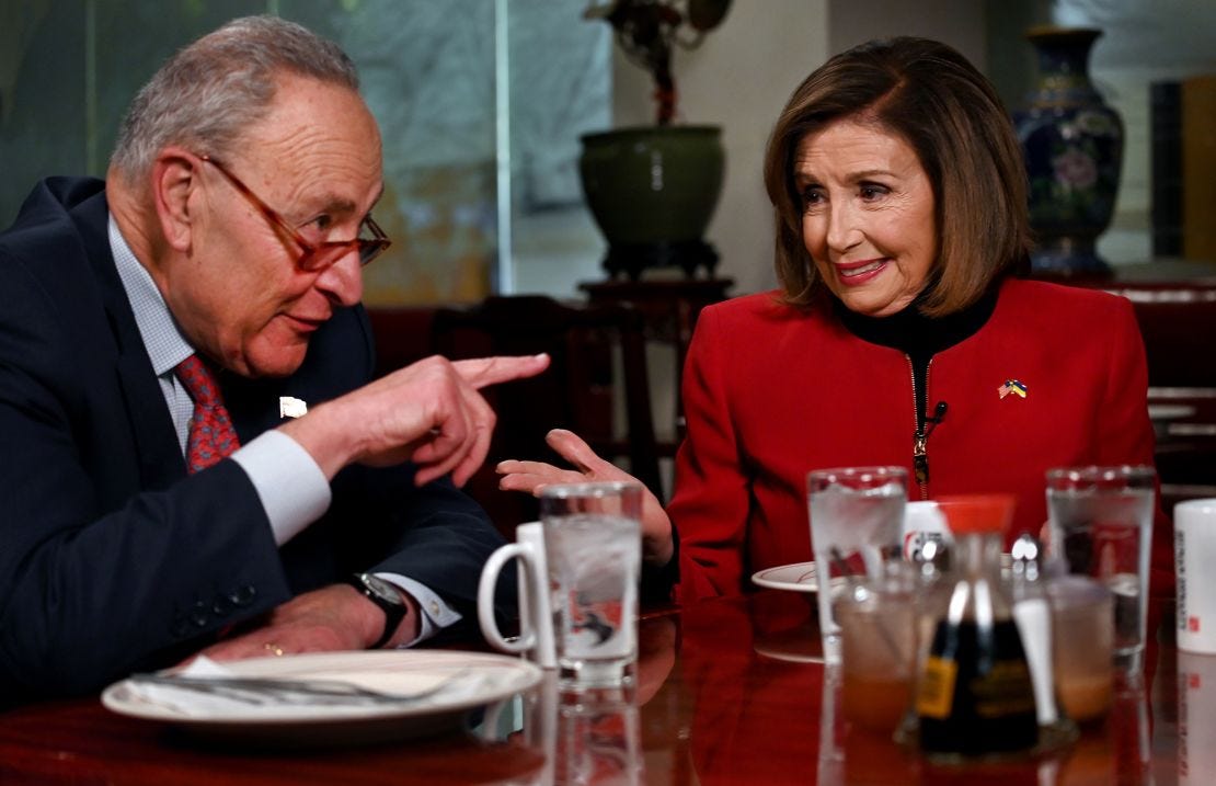 Speaker of the House Nancy Pelosi and Senate Majority Leader Chuck Schumer sit down for lunch and an exclusive interview at Hunan Dynasty restaurant in Washington DC on December 15, 2022. Speaker of the House Nancy Pelosi and Senate Majority Leader Chuck Schumer sit down for lunch and an exclusive interview at Hunan Dynasty restaurant in Washington DC on December 15, 2022.