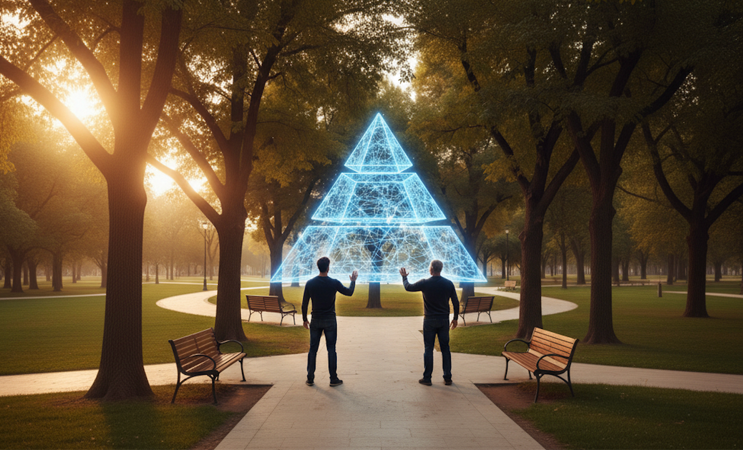 Two leaders standing in a park at sunset interacting with a glowing digital pyramid, symbolizing universal leadership frameworks and systems for impact. Two leaders standing in a park at sunset interacting with a glowing digital pyramid, symbolizing universal leadership frameworks and systems for impact.