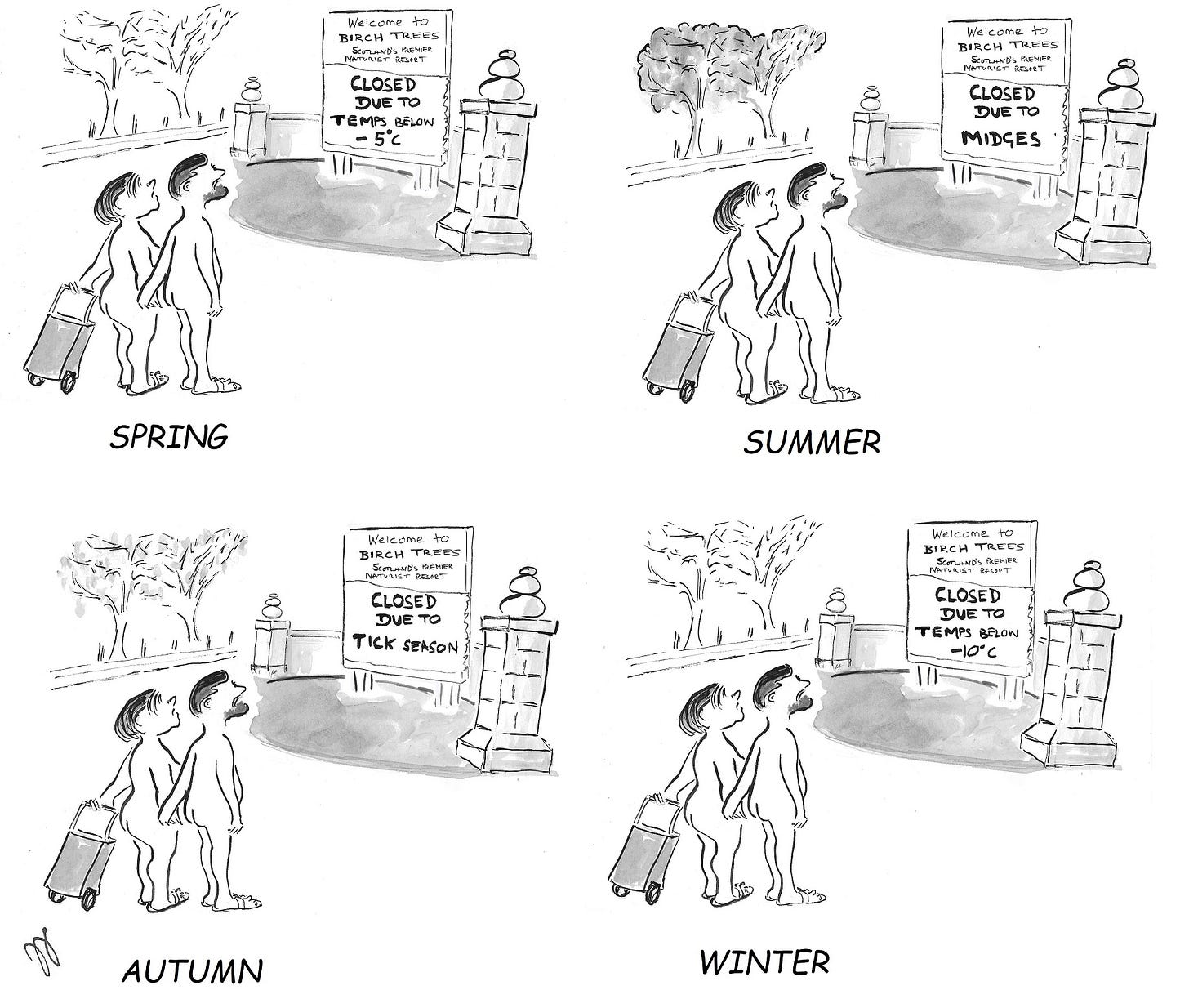 Four panels show the same nude couple arriving at the entrance of “Birch Trees Naturist Resort,” each time dragging a small suitcase and looking up at a sign that explains why the resort is closed for that season. Spring: The sign says the resort is closed due to temperatures below –5°C. Summer: The sign says it’s closed due to midges. Autumn: The sign says it’s closed due to tick season. Winter: The sign says it’s closed due to temperatures below –10°C. Four panels show the same nude couple arriving at the entrance of “Birch Trees Naturist Resort,” each time dragging a small suitcase and looking up at a sign that explains why the resort is closed for that season. Spring: The sign says the resort is closed due to temperatures below –5°C. Summer: The sign says it’s closed due to midges. Autumn: The sign says it’s closed due to tick season. Winter: The sign says it’s closed due to temperatures below –10°C.