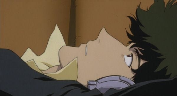 This may contain: an anime character laying in bed with his head on the back of another person's shoulder