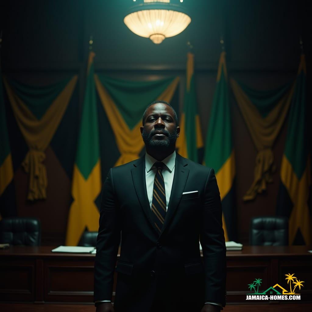 Jamaican lawyer standing confidently in a dimly lit, atmospheric courtroom, surrounded by Jamaican flags draped elegantly in the background, with a few subtle creases and folds, evoking a sense of grandeur and national pride. Soft, cinematic lighting casts a warm glow on the lawyer's face, accentuating their determined expression