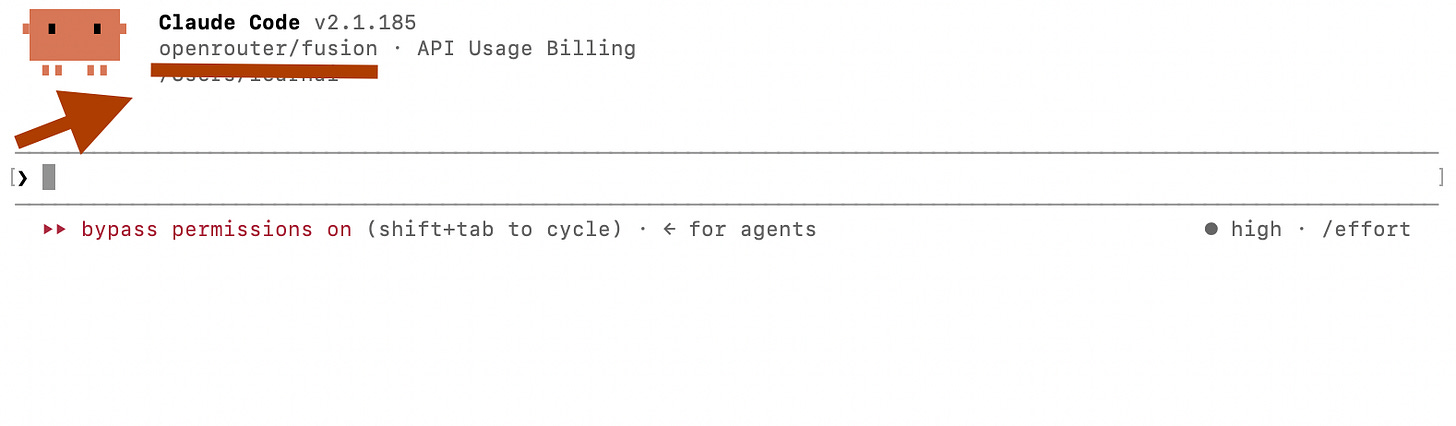 Claude Code banner reading openrouter/fusion API Usage Billing after replacing Claude Fable 5