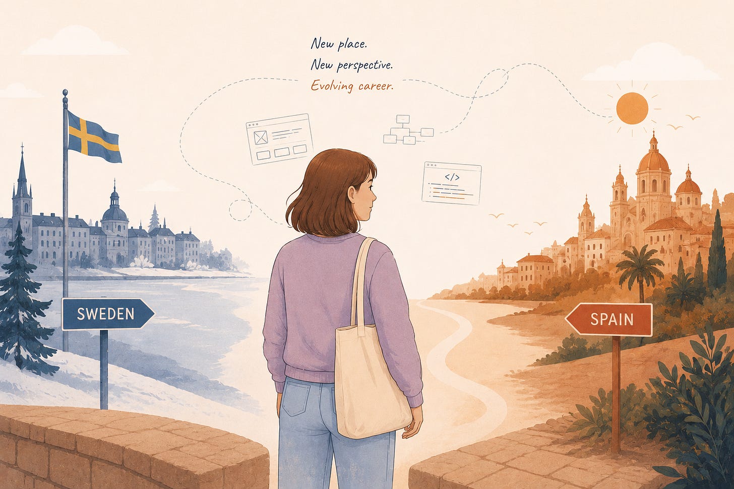 Illustration of a woman standing at a crossroads between Sweden and Spain, with frontend development sketches floating above her head and the text "New place. New perspective. Evolving career." Illustration of a woman standing at a crossroads between Sweden and Spain, with frontend development sketches floating above her head and the text "New place. New perspective. Evolving career."
