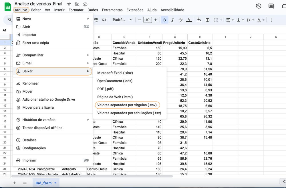 Salvar a planilha como CSV Salvar a planilha como CSV