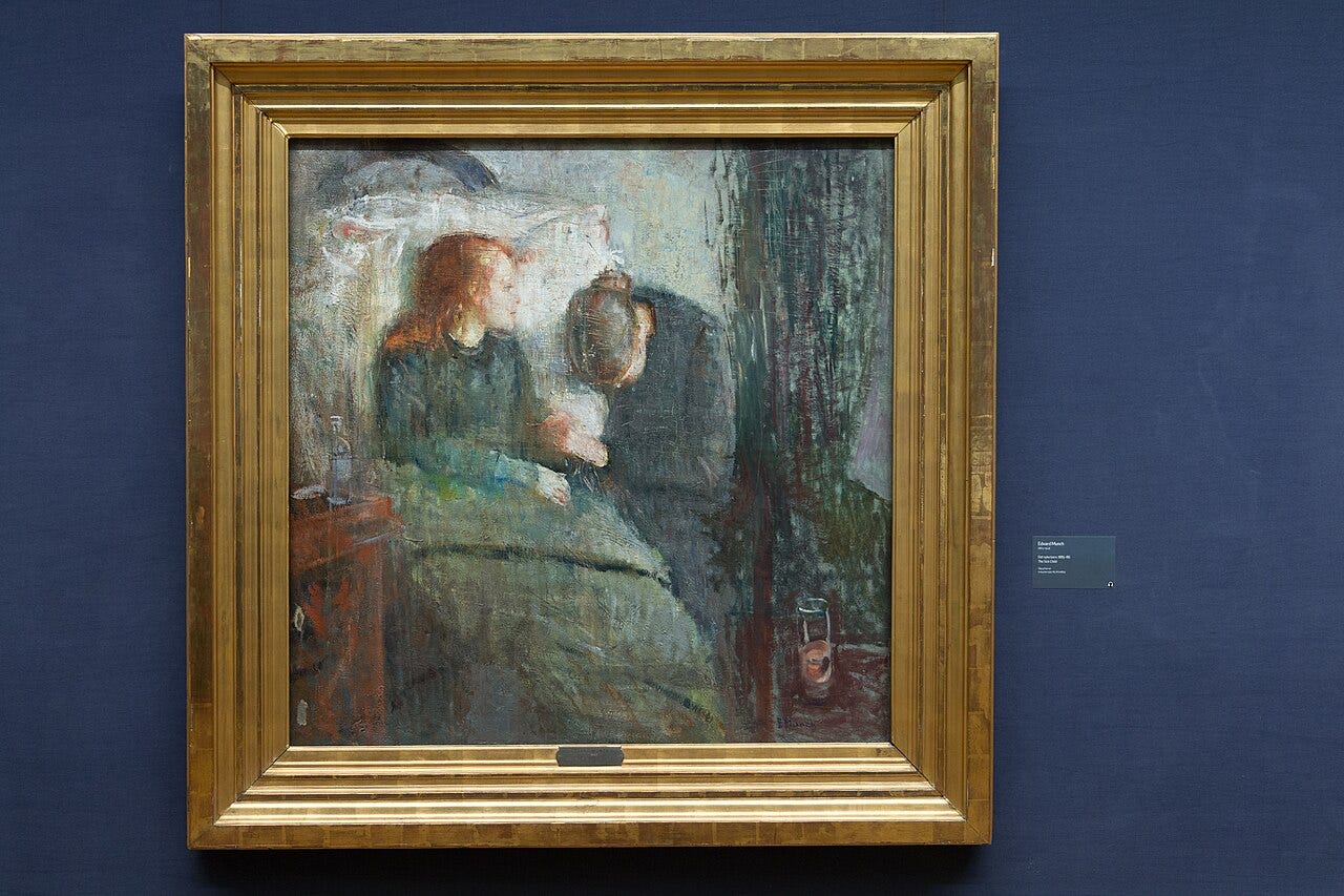A dying red haired girl in bed turns to a grieving woman who bows her head and weeps A dying red haired girl in bed turns to a grieving woman who bows her head and weeps