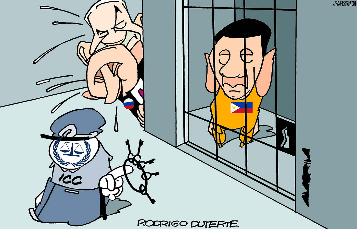 Cartoon showing Rodrigo Duterte in a cell as a guard with the ICC logo walks away jangling keys in his hand. Around the corner of the cell, Netanyahu and Putin are nervously watching the proceedings.