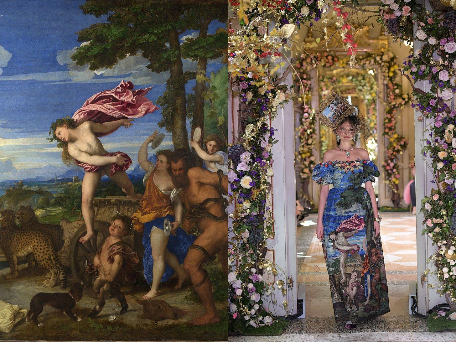 Titian's Bacchus and Ariadne (Left) and Dolce and Gabbana dress (right)