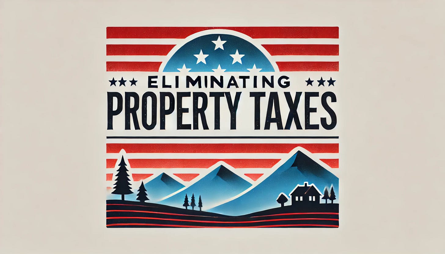 Create a simple, minimalist landscape graphic for the title 'ELIMINATING PROPERTY TAXES' with a patriotic theme in red, white, and blue. Use bold, clean typography with a subtle American touch, such as faint stars or stripes in the background. Maintain a professional, uncluttered design that reflects the theme of tax reform, suitable for a headline or informational graphic.