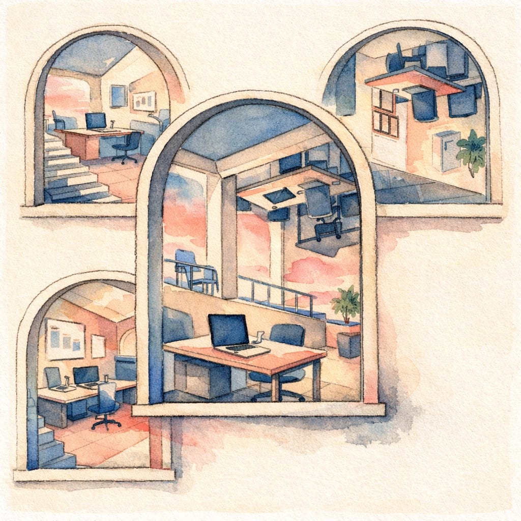 Multiple arched windows viewing the same room, symbolizing the curation of reality for AI intelligence.