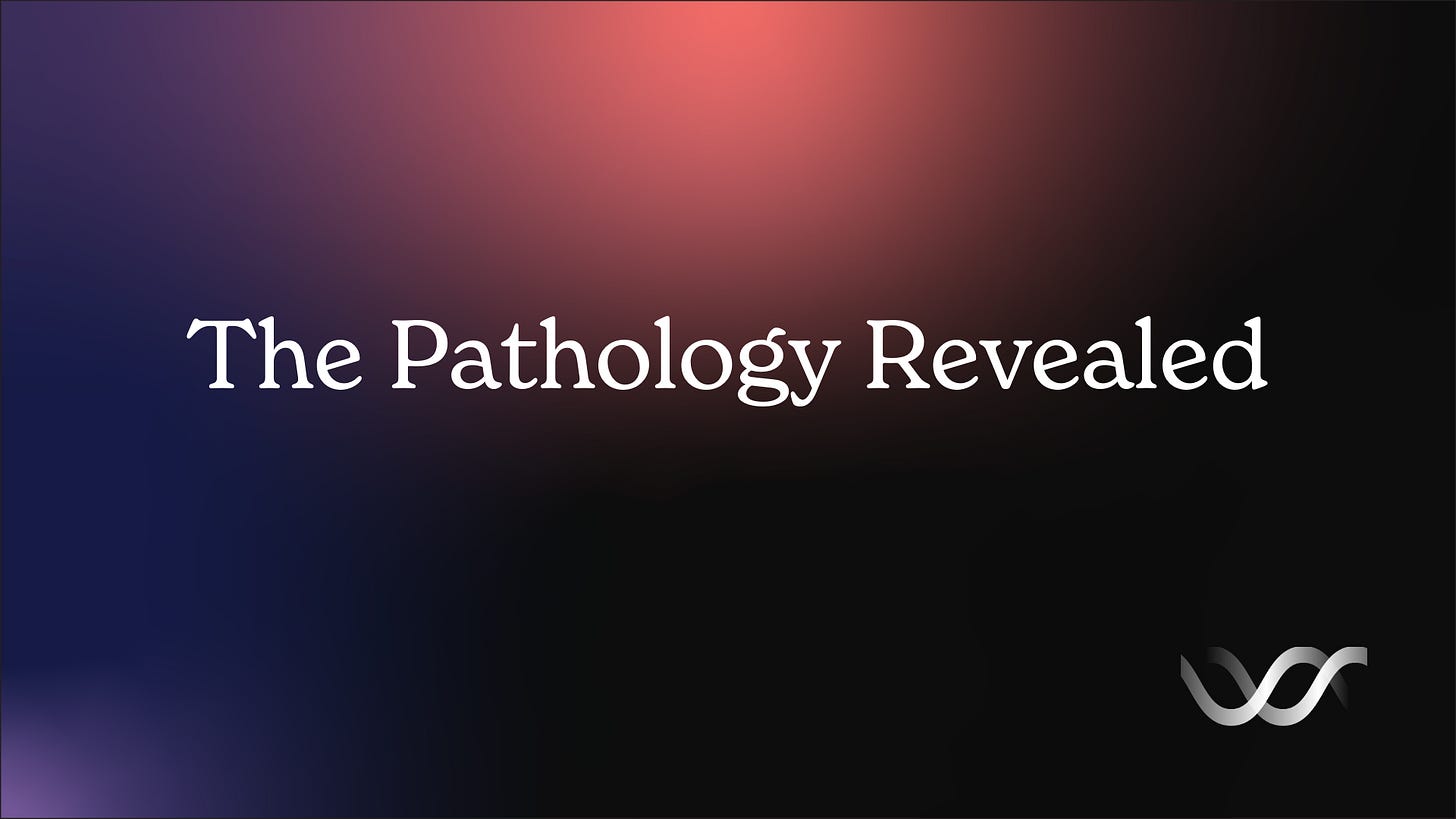 Black, coral, purple, and navy gradient cover with the white title “The Pathology Revealed” centered across the image and the Sacred Loop logo in the lower-right corner. Black, coral, purple, and navy gradient cover with the white title “The Pathology Revealed” centered across the image and the Sacred Loop logo in the lower-right corner.