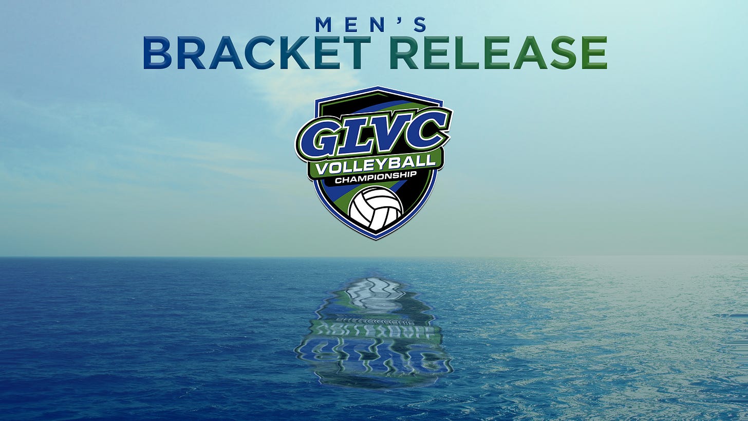 "Men's Bracket Release" graphic with GLVC Volleyball Championship logo