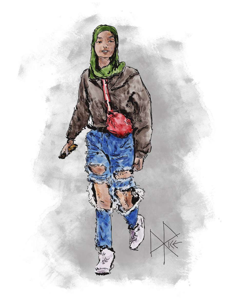 A young woman wearing a lightweight pale green hijab and very distressed jeans, on the move with her red crossbody bag and her phone in her hand. Sketch art by Don Rice. A young woman wearing a lightweight pale green hijab and very distressed jeans, on the move with her red crossbody bag and her phone in her hand. Sketch art by Don Rice.